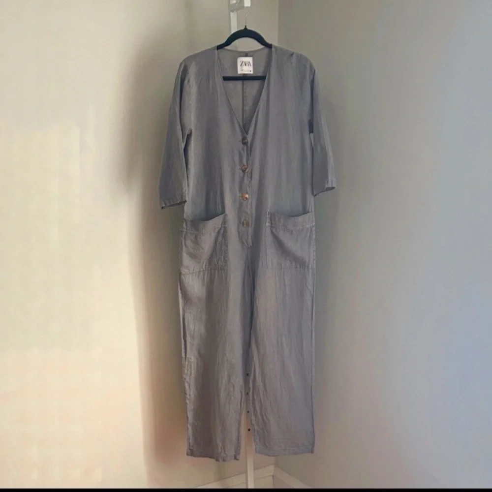 ZARA Lillian Gray Linen Jumpsuit Button-Down Linen Romper Women’s Size Medium